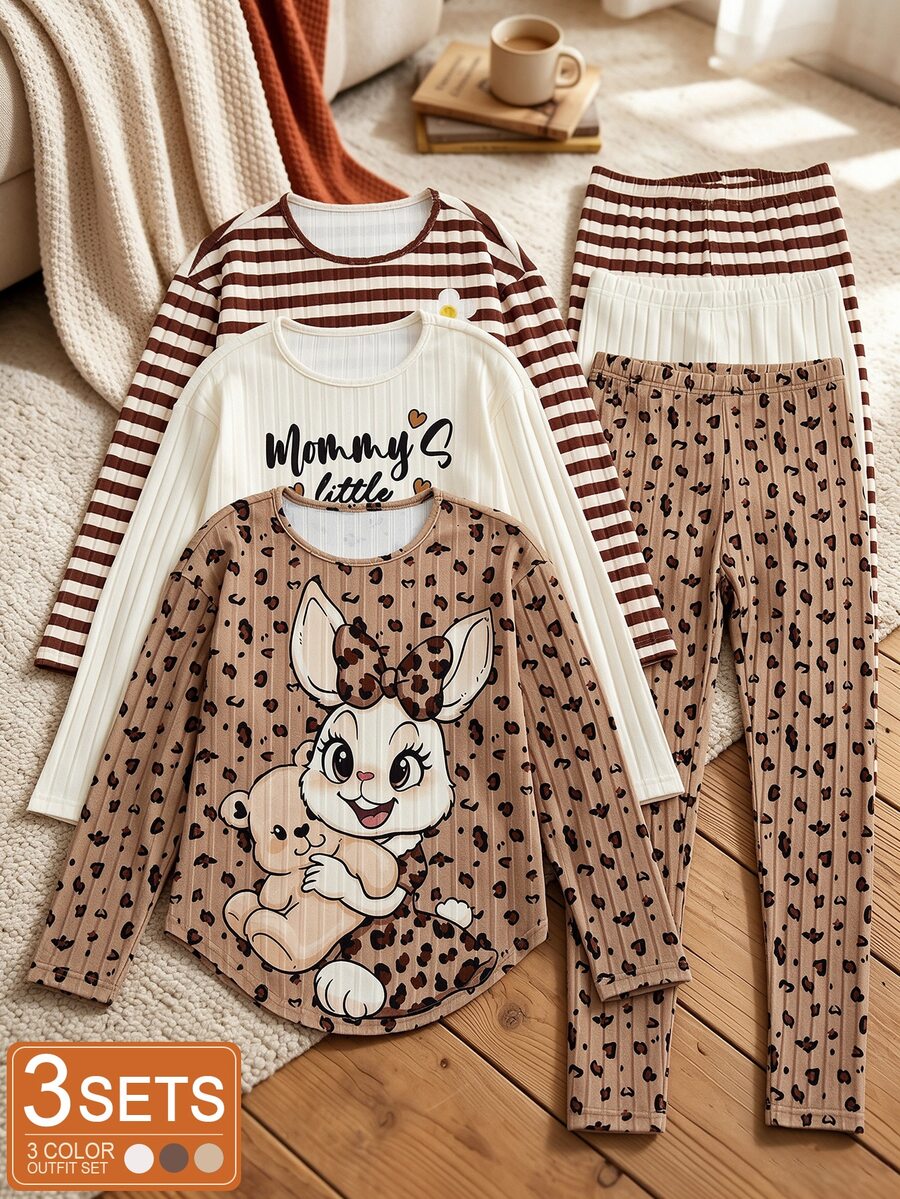 SHEIN Girls' 2 Pieces Set, Simple Casual, Round Neck Long Sleeved Pants Set, Multiple Colors To Meet Different Preferences, Preferred For Autumn Set - Brown - View 1