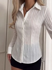 SHEIN EZwear قميص نسائي بلون موحد كاجوال متعدد الاستخدامات للارتداء اليومي - أبيض - مشاهدة 8