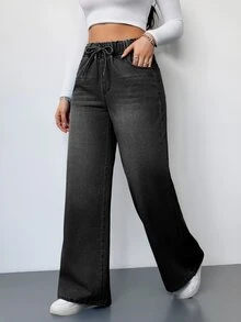 SHEIN Tall 女款抽繩腰口袋休閒日常穿著牛仔褲 - 黑色 - 查看 6