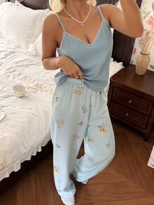 CottageSlumber Set Piyama Atasan Cami Motif Bunga Kecil & Celana - Baby Blue - View 5