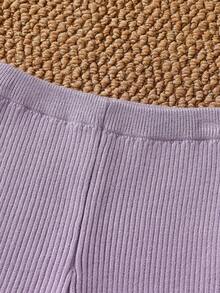 SHEIN طقم كنزة للبنات الرضع، كارديجان علوي محبوك برسومات أرنب كرتوني وفيونكة & تنورة محبوكة واسعة - ارجواني فاتح - مشاهدة 6