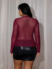 Rustia Plus Size Sheer Mesh Cowl Neck Atmospheric T-Shirt Christmas Fall - Burgundy - View 2