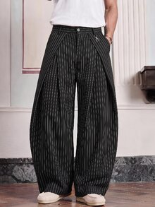 NORVETH Celana Panjang Pria Motif Garis-Garis Tipis dengan Lipatan, Saku, dan Kancing, Potongan Longgar - Hitam - View 1