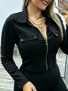 INAWLY 休閒修身領口拉鍊金屬鈕扣裝飾性感長袖女款襯衫 - 黑色 - 查看 1