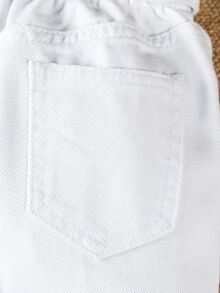 SHEIN 女童田園風百搭花卉腰飾校園風時尚牛仔長褲 - 白色 - 查看 8