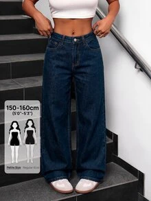SHEIN PETITE Women's Wide Leg Loose Casual Versatile Denim Jeans With Pockets - Blue - View 1