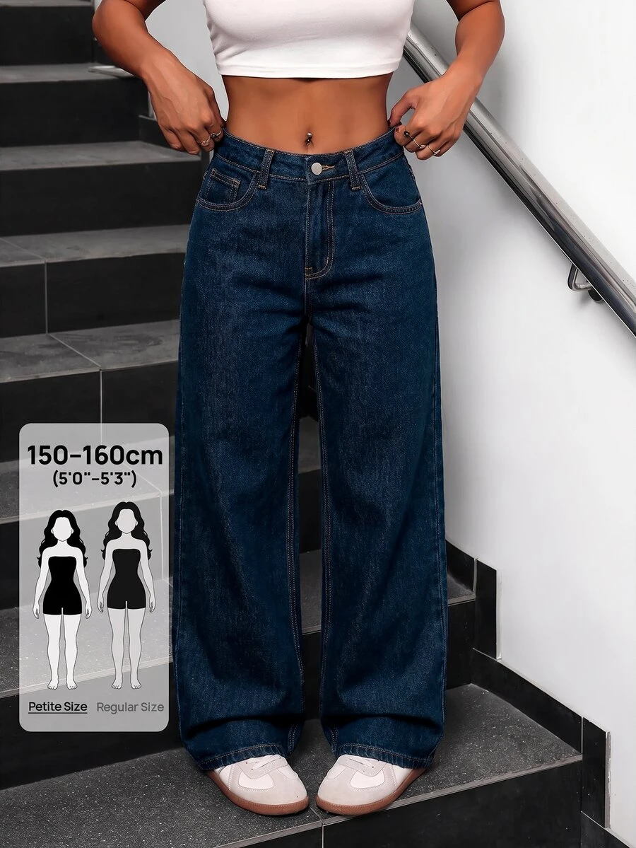 SHEIN PETITE Women's Wide Leg Loose Casual Versatile Denim Jeans With Pockets - Blue - View 1
