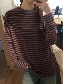 DAZY Teen Girl Korean Style Striped Color Block Long Sleeve T-Shirt - Brown - View 6