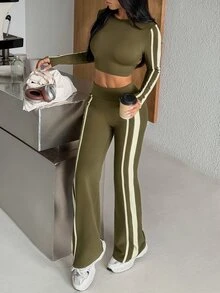 Muchica Women's Olive Green High Neck Long Sleeve Crop Top & Side Stripe Leggings Sports Set Gym Set Workout Set Sportswear Activewear Push Up Booty Lift Fall - Olive Green - View 6