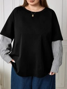 SHEIN CURVE+ Women's Plus Size New 2 In 1 Patchwork Round Neck Loose Long Sleeve T-Shirt, Autumn/Winter Fashion Casual Top, Suitable For 5XL-8XL Fall - Black - View 1