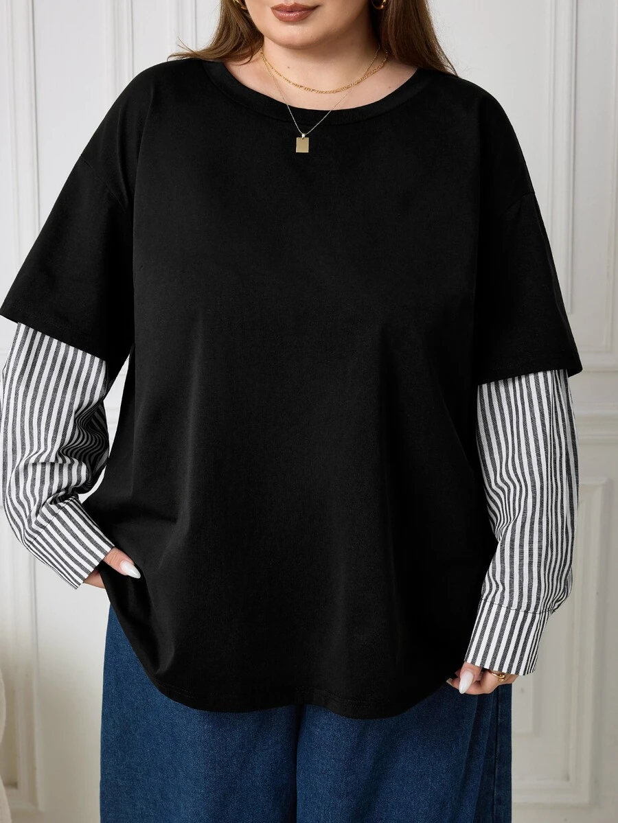 SHEIN CURVE+ Women's Plus Size New 2 In 1 Patchwork Round Neck Loose Long Sleeve T-Shirt, Autumn/Winter Fashion Casual Top, Suitable For 5XL-8XL Fall - Black - View 1