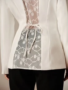 BELROSIE Women's Blazer Jacket Lace Slim Fit Cinched Waist, Large Back Lace Patchwork Design, Back Waist Tie Detail, V-Shaped Open Back Cut, Elegant Lace Blaze - White - View 2