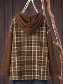 Rusticease Plus Size Brown Drawstring Button Front Ribbed Hooded 3/4 Sleeve Jacket Casual Outerwear Fall Winter 2026 - Brown - View 4