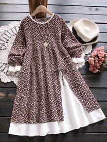 Rusticease Plus Size Brown Ruffle Trim Layered Knotted Round Neck Long Sleeve Dress 1920 Vintage Casual Fall Winter Going Out Wedding Guest Vacation - Grey - View 10