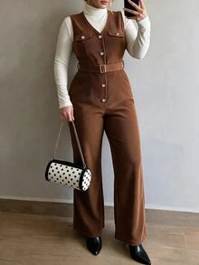 Elenzga Plus Size VNeck Corduroy Jumpsuit, Belt Waist Decorative Buttons Wide Flare Leg Jumpsuit - Brown - View 3