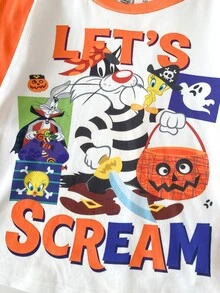 LOONEY TUNES X SHEIN 大童男孩卡通圖案長袖上衣與長褲休閒日常居家睡衣套裝 - 橘色 - 查看 7