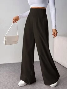 SHEIN Tall CURVE Plus Size Women Solid Color High Waist Wide Leg Loose Casual Long Pants - Brown - View 7