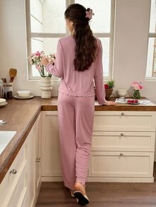 Snug Reverie طقم بيجامة نسائي كاجوال من الصوف المحبوك مزين بالدانتيل وفيونكة للاسترخاء - وردي - مشاهدة 2