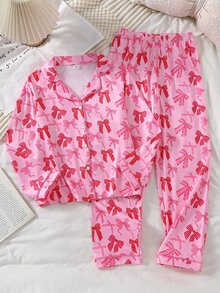Tween Girl Allover Bow Print Pajamas Set - Pink - View 2
