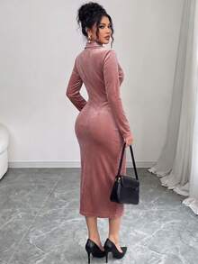 SHEIN Elenzya Women's Solid Color Long Sleeve Collared Waist-Cinching Button-Up Dress - Pink - View 2