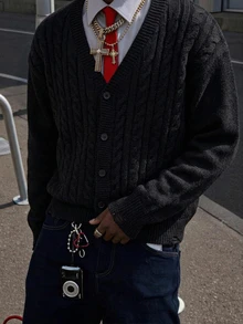 NEOSTRIT 男士麻花編織長袖單排扣休閒開襟衫 節慶男孩款 秋冬日常新款 - 黑色 - 查看 3