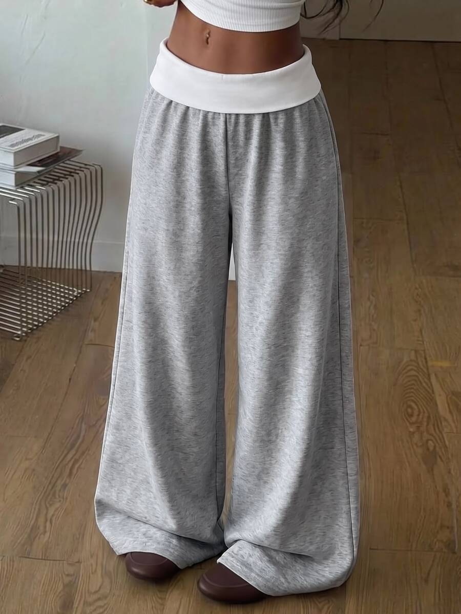 SHEIN 青少年女孩休閒百搭對比腰帶寬腿運動長褲 冬季 - 灰色 - 查看 1