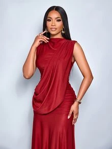 SOLERSUN Women's Autumn/Winter Party Dress, Red Shiny Fabric, High Neck, Sleeveless, Backless, Ribbon Decor, Ruched Hip, Extra Long - Burgundy - View 7