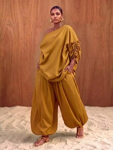 Zivah Women's Plus Size Asymmetrical Neckline Loose Fit 2 Pieces Set - Yellow - View 10