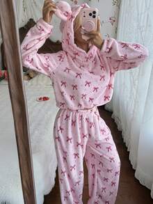 CottageSlumber Women's Pink Bow Hooded Pullover Pajama Set, Soft Plush Loungewear 2 Pieces Set - Pink - View 4