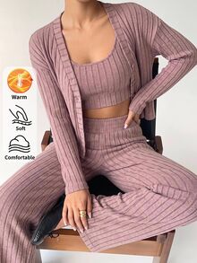SHEIN BASICS Women's Solid Color Dropped Shoulder Long Sleeve Open Front Top, Cropped Tank Top And Long Pants Casual Set - Coral Orange - View 4