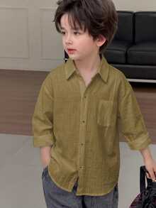Dazy Kids 男童大童寬鬆休閒長袖秋季基礎襯衫上衣 - 軍綠色 - 查看 1