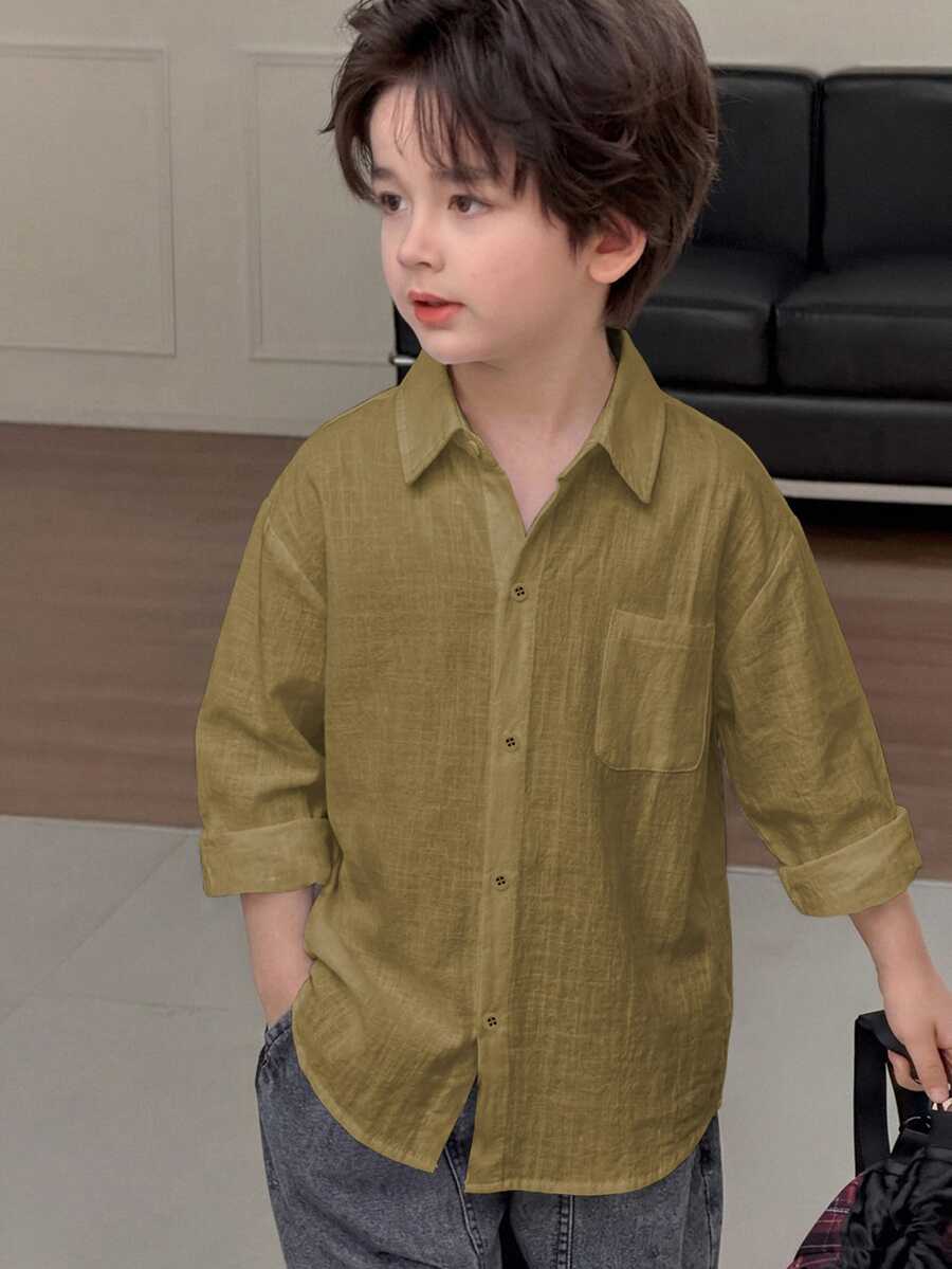 Dazy Kids 男童大童寬鬆休閒長袖秋季基礎襯衫上衣 - 軍綠色 - 查看 1