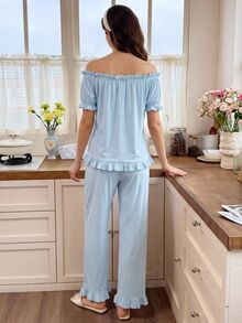 Snug Reverie Fresh Light Blue Off-Shoulder Cold Shoulder Ruffle Short Sleeve Long Pants Women's Pajama Set - Blue - View 2
