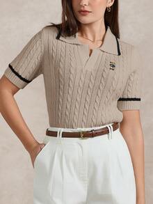 Briarwyn Women's Cartoon Bear Pattern Collared Short Sleeve Knit Top - Apricot - View 9