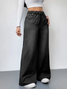 SHEIN Tall 女款抽繩腰口袋休閒日常穿著牛仔褲 - 黑色 - 查看 4
