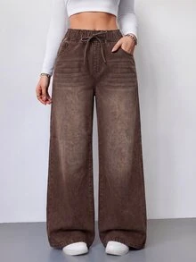 SHEIN Tall 女款抽繩腰休閒日常牛仔褲 - 棕色 - 查看 2