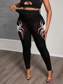 Slaydiva Plus Size Women Spider Print Black Leggings Halloween - Multicolor - View 6