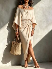 Linhara CURVE Plus Size Cold Shoulder Flutter Sleeve Side Knot Fitted Bodycon Dress, Off-Shoulder Bell Sleeve Twisted Waist Party Dress - Apricot - View 4