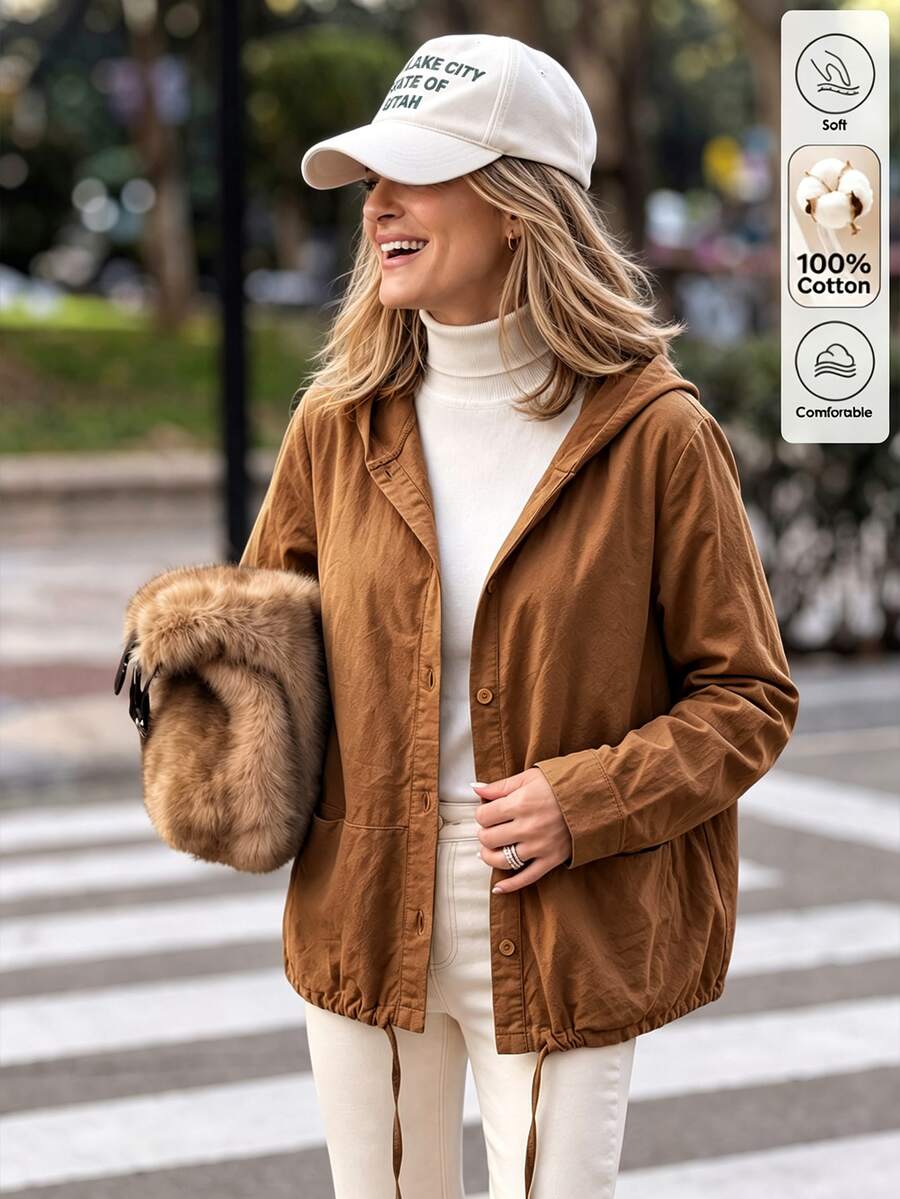 Louniche Women's New Solid Color Comfortable Jacket - Rust Brown - View 1