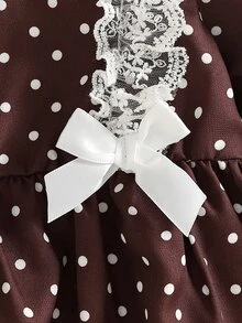 SHEIN 幼女 A 字洋裝 甜美優雅 棕色白色波點蕾絲蝴蝶結荷葉邊 長袖小立領 常規款 婚禮賓客 派對 秋季節日 - 摩卡棕 - 查看 6