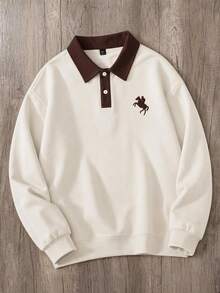 Manfinity Joysei Áo nỉ nam phong cách vintage Mỹ phối màu, logo hiệp sĩ, cổ bẻ, tay dài, phù hợp mặc thường ngày, phong cách đại học, tụ tập bạn bè - Nhiều màu - Xem 1