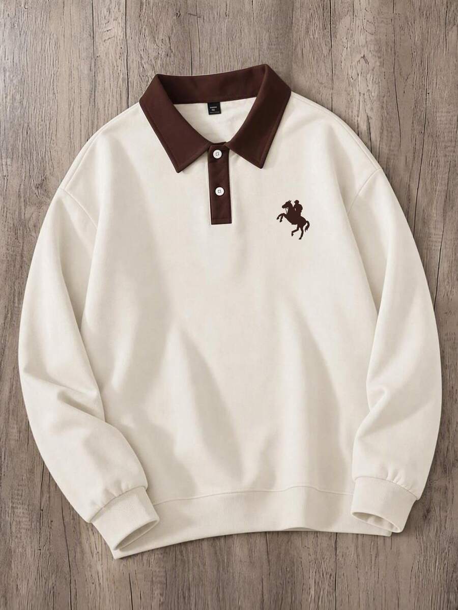 Manfinity Joysei Áo nỉ nam phong cách vintage Mỹ phối màu, logo hiệp sĩ, cổ bẻ, tay dài, phù hợp mặc thường ngày, phong cách đại học, tụ tập bạn bè - Nhiều màu - Xem 1