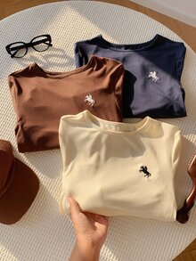 Comfortcana 3件組女款騎士刺繡圓領長袖休閒T恤 - 彩色 - 查看 1