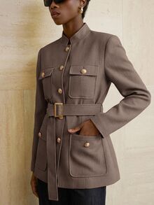 Aveloria Modichic Small Stand Collar Tweed Single-Breasted Metal Button Decor Belted Utility Jacket - Brown - View 6