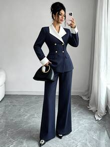 Elenzga Vertical Striped Print Double Breasted Blazer & Wide Leg Pants Suit Set - Navy Blue - View 3