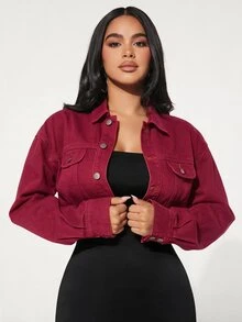 SHEIN SXY 女款前扣長袖牛仔夾克 - 酒紅色 - 查看 6