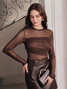 Anewsta Early Autumn New Solid Color Front Pleated Ruched Design Slim Fit Elastic Mesh Fabric Daily Commute Versatile Women's Long Sleeve T-Shirt Top - Coffee Brown - View 4