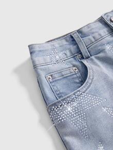 ROMWE Women's Autumn Y2K Millennium Retro Star Rhinestone Bodycon Skirt - Light Wash - View 3