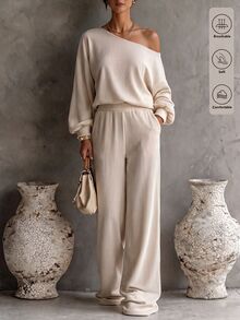 Glimmora New Vintage Apricot Fashion Casual Basic Asymmetrical Shoulder Top With Lantern Cuffs And Wide-Leg Pants Women's 2 Pieces Set - Apricot - View 4