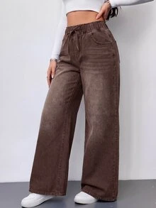 SHEIN Tall 女款抽繩腰休閒日常牛仔褲 - 棕色 - 查看 4
